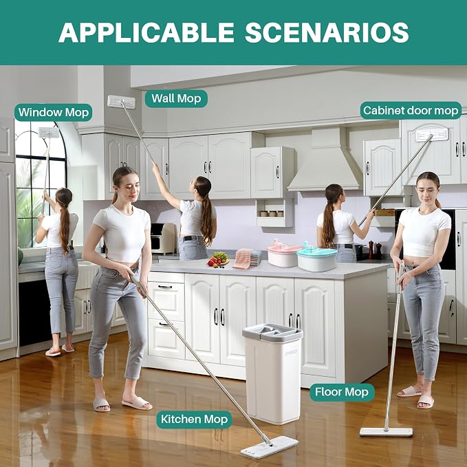 JOYMOOP Flat Mop System, Microfiber Mop and Bucket Set, White, Hands-Free Wet and Dry Floor Cleaning for Household and Commercial Use, Includes 5 Washable Pads