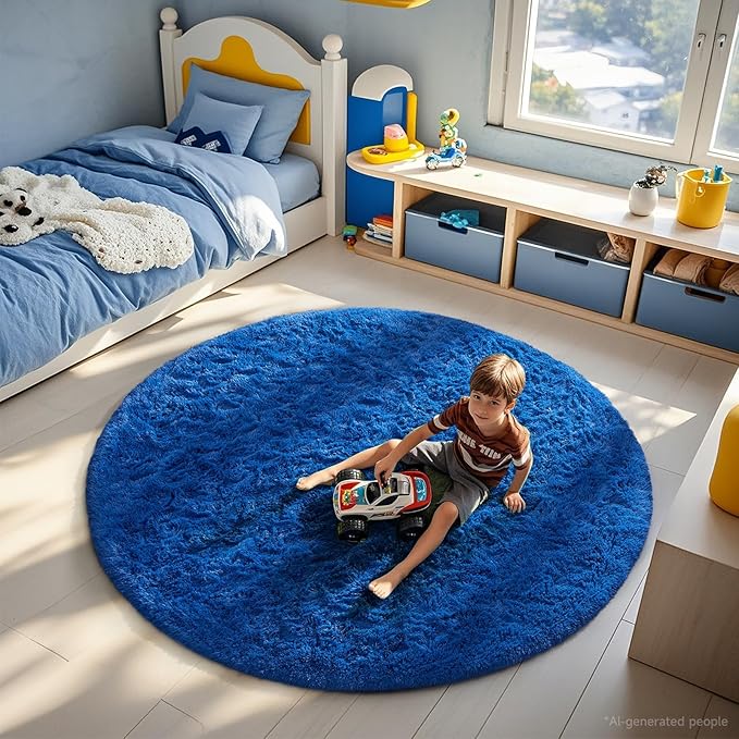 Ophanie Round Rug 6Ft Blue Circle Area Rug, Boys Room Decor, Fluffy Fuzzy Bedroom Carpet, Plush Soft Shaggy Living Room Rugs for Kids Home Aesthetic, Nursery