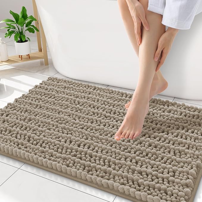 Smiry Bathroom Rugs Mat 34x21, Extra Soft Absorbent Chenille Bath Rugs, Non Slip Rubber Backing Machine Washable Quick Dry Bath Mats for Bathroom Floor, Tub, Shower, Home Decor Accessories, Latte