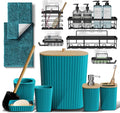 Clara Clark Bathroom Set - Teal Bathroom Accessories Set, 6PC Bathroom Accessory Set, Bathroom Sets with Bathroom Rugs, Adhesive Corner Shower Caddy Hanging, Toilet Brush, Trash Can & Soap Dispenser