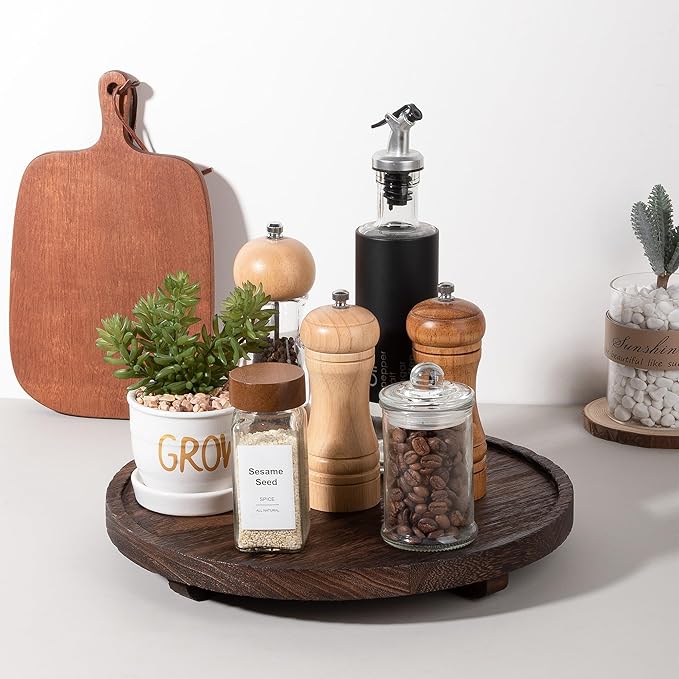 Round Decorative Tray Wood Bathroom Counter Organizer Farmhouse Kitchen Decor Wooden Riser for Soap Dish, Perfume, Candle, Sponge, 12" - Bark Brown