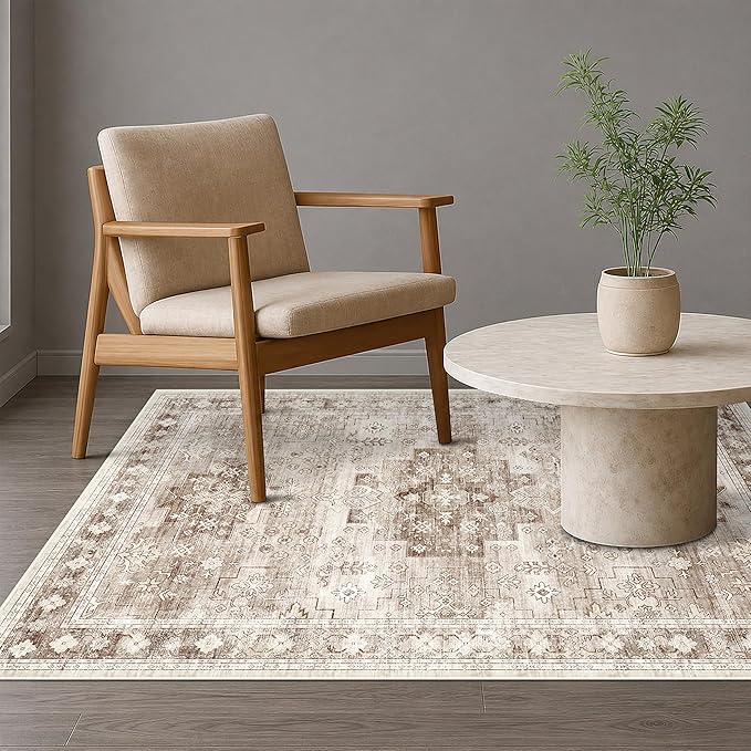 Hazo Haus Washable Neutral Farmhouse Living Room Rug, 4x6 Area Rugs for Bedroom, Nursery Room, Boho Vintage Floral Non-Slip Rug Low Pile Stain Resistant (4x6 Beige/Latte)