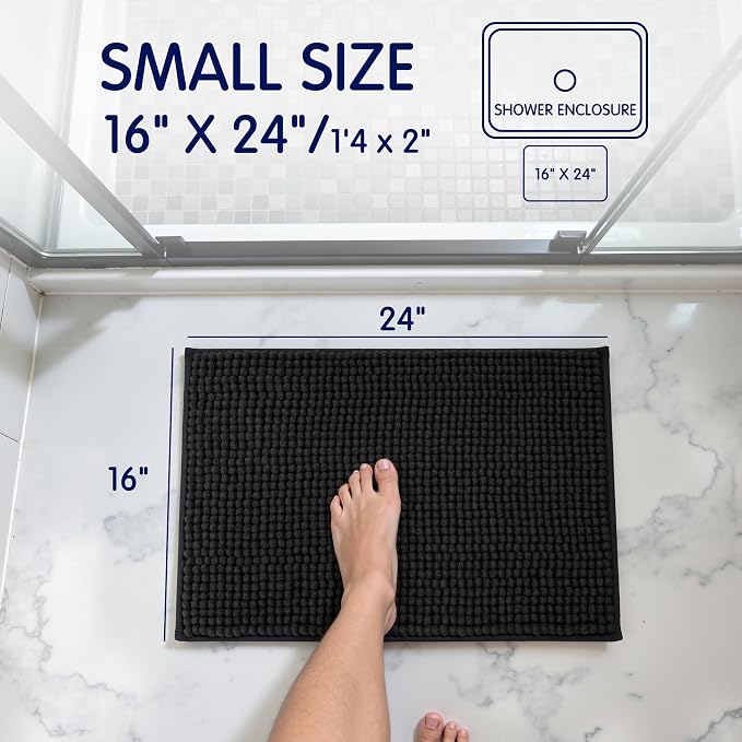 SUBRTEX Bathroom Rugs Chenille Bath Rug Soft Short Plush Bath Mat Soft Shower Mat Water Absorbent Shower Mat Quick Dry Machine Washable(Black,18" x 24")