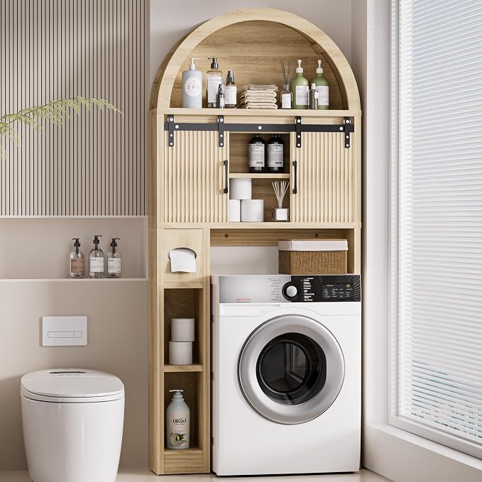 Spurgehom Over The Toilet Storage Cabinet, Bathroom Shelf Organizer Freestanding, Bathroom Arch Cabinet Over Toilet with Toilet Paper Holder and Anti-Tipping Device (Two Sliding Door-Wood)