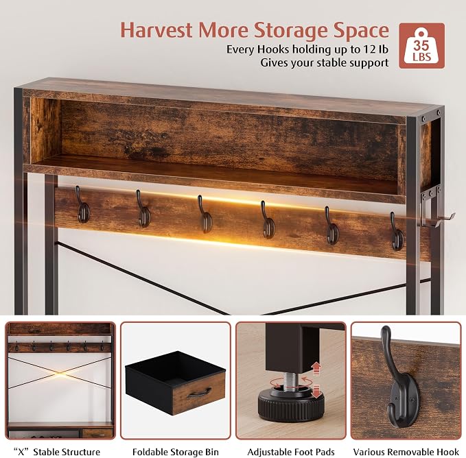 Lulive Hall Tree with 3 Drawers, Industrial Entryway 39.4" Coat Rack Shoe Bench, Freestanding Mudroom Organizer with 12 Hooks, Top Shelf Storage (Rustic Brown)