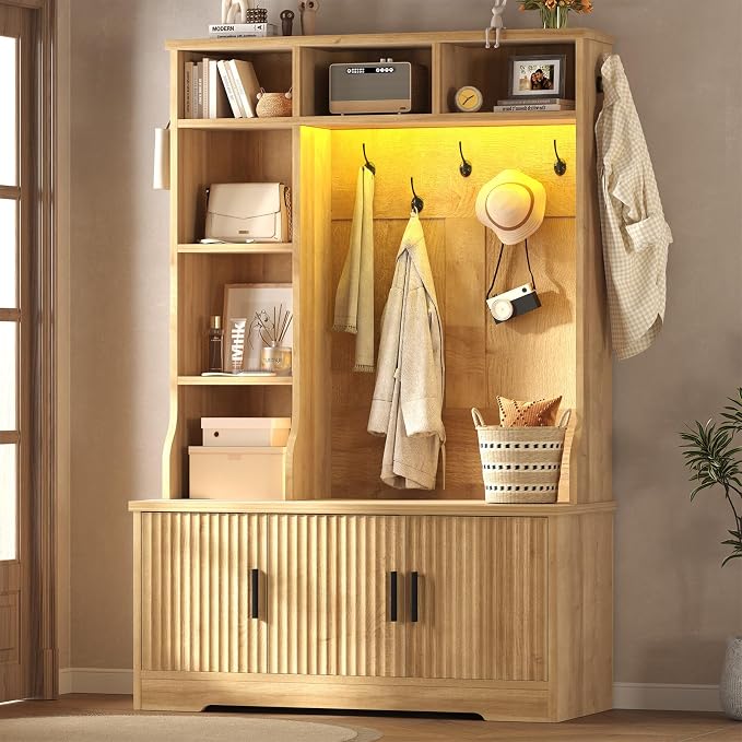 CSZZD Hall Tree with Bench and Shoe Storage, Fluted Entryway Bench with Coat Racks and Led Lights, 69" Tall Wood Hall Tree with 7 Coat Hooks, 6 Storage Cubbies, Adjustable Shelf