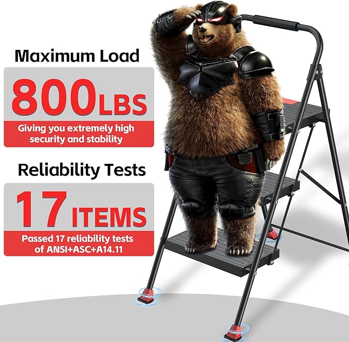 DIAMONDFORGE 3 Step Ladder Foldable Folding Stool - for Home Adults Kitchen, Iron, Black, Extension Tall Heavy Duty with Handrails - Closet Stepstool Extendable Stepladder for Indoor House 800 lbs