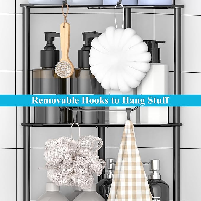 HuggieGems 3 Tier Floor Standing Corner Shower Caddy Organizer Shelf with Hooks, Bathroom Shelves Stand Rack, Black