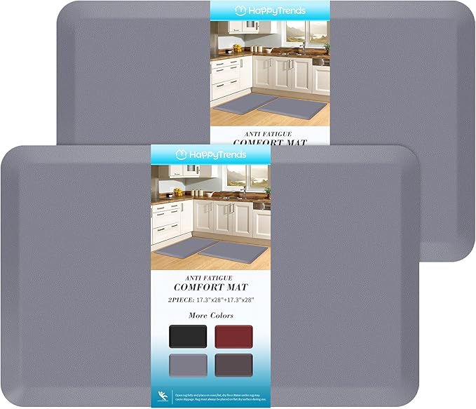 HappyTrends 2 PCS Kitchen Mat Cushioned Anti-Fatigue Floor Mat, Heavy Duty Ergonomic Comfort Foam Standing Mat, Waterproof Non-Slip Kitchen Rugs for Home, Office, Laundry,Grey