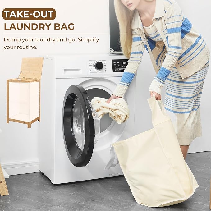 TIOPGHAD Bamboo-Laundry-Hamper-Wicker-Basket-with-lid Large Wood Laundry Hampers Basket Bin Storage Organizer for Dirty Clothes, Laundry Room, Bathroom, Bedroom, Living Room(13Gallon/50L)