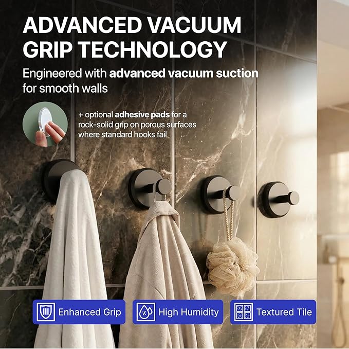 HOME SO Suction Cup Hooks for Shower & Bathroom Towel Holder 4-Pack – Suction Cups Hooks for Hanging Towels, Robes, & Coats - Tiles, Glass Door or Mirror – Shower Hooks & Towel Hooks Organizer - Black