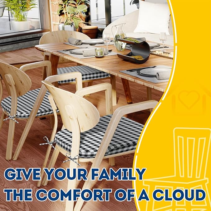 AAAAAcessories D-Shaped Chair Cushions, 2" Thick Dining Chair Pads with Ties and Removable, Machine-Washable Cover, 17" x 16", Set of 4, Checkered Black/White