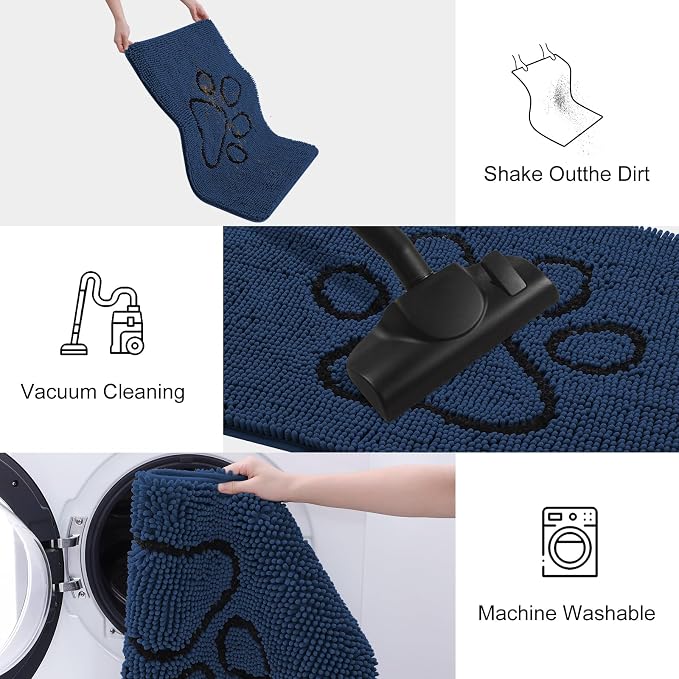 Smiry Dog Door Mat for Muddy Paws, Absorbent Dirt Trapper Non Slip Quick Dry Washable Chenille Mat for Mud Dogs, Entry Rug for Indoor and Outdoor (30x20 Inches, Dark Blue and Black)