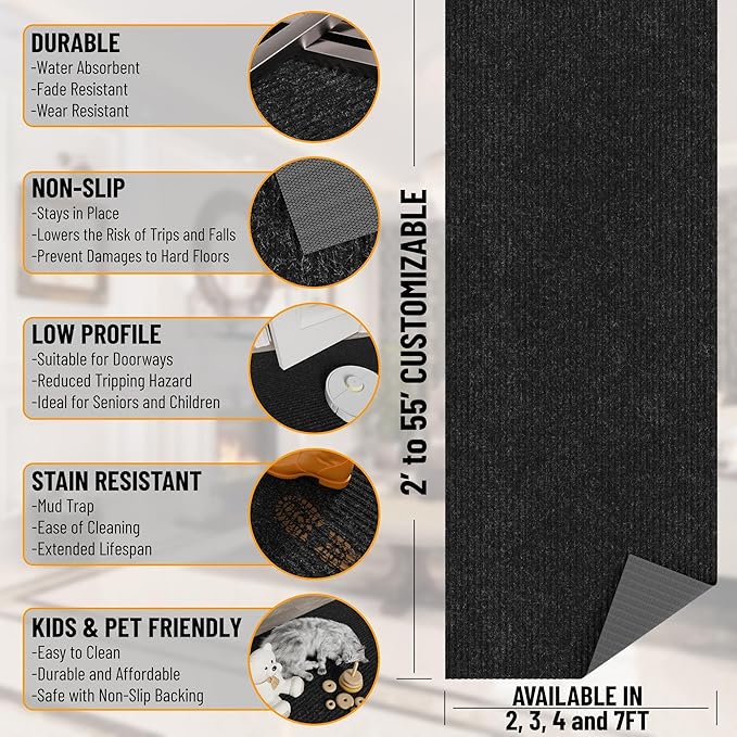 Ottomanson 2' x 39' Hallway Runner with Scraper Pile Extra Durable Non-Slip Rug Mat for Indoor & Outdoor Use - Ideal for Kitchen, Entryway, Patio & Garage - High-Traffic Carpet, Black