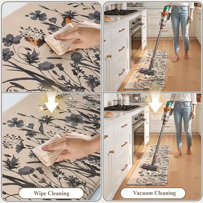 KIMODE Anti Fatigue Kitchen Mats for Floor, Farmhouse Kitchen Rugs Sets of 2, Cushioned Kitchen Floor Mats, Comfort Standing Mat for Sink, Laundry, Office, Desk Brown/Grey 17"x47"+17"x29"