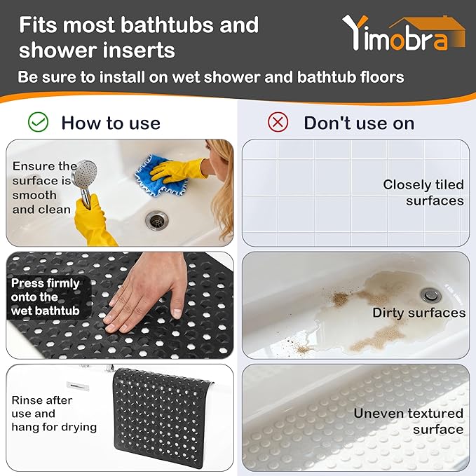 Yimobra Bathtub Mat Non Slip, 27.5"X15.5" Machine Washable Shower Floor Mat, Soft on Feet, Bathmat with Drain Holes and Suction Cups, Bathroom Essentials, Black