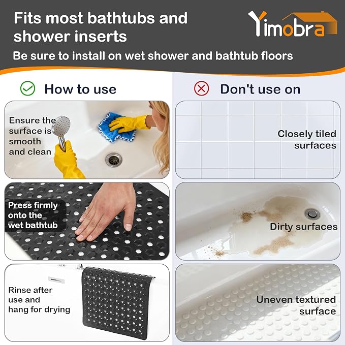 Yimobra Bathtub Mat Non Slip, 34.5"X15.5" Long Shower Mat for Inside Shower, Machine Washable Bath Mat with Drain Holes & Strong Suction Cups, Soft on Feet, Bathroom Essentials, Black