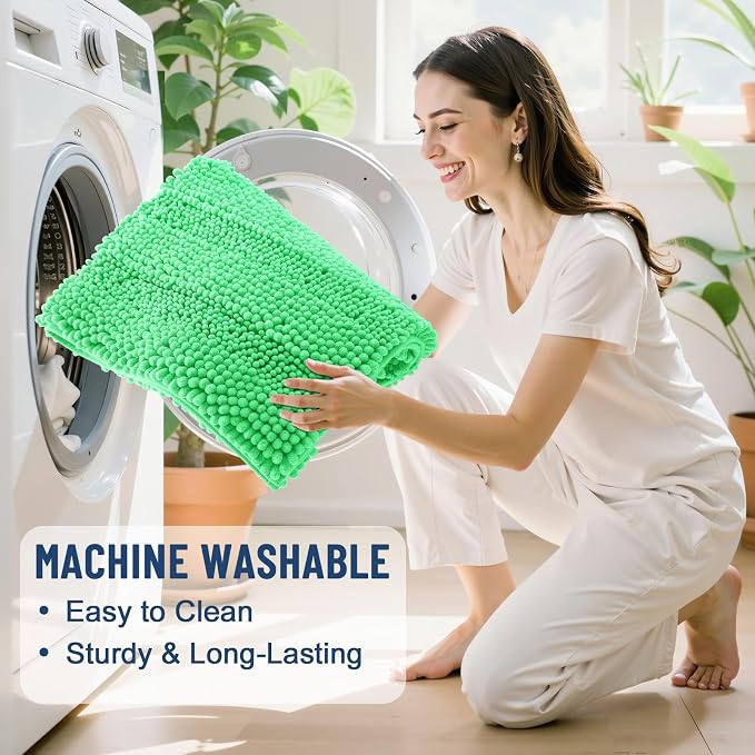 Grandaily Chenille Striped Bathroom Rugs 24x16, Extra Thick and Soft Absorbent Bath Mats, Rubber Backing, Plush Shaggy Shower Carpet, Machine Wash Dry, Bath Rug for Bathroom, Mint Green