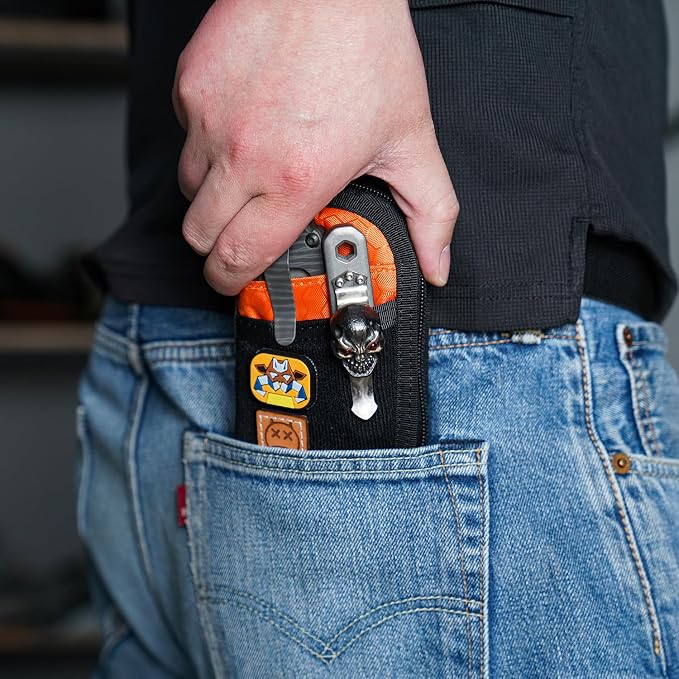 VIPERADE VE10 EDC Pouch Small Pocket Tool Pouch with 10 Compartments, Men's Pocket Organizer for Multitools, EDC Organizer with Patches Area for DIY (Black+Orange)