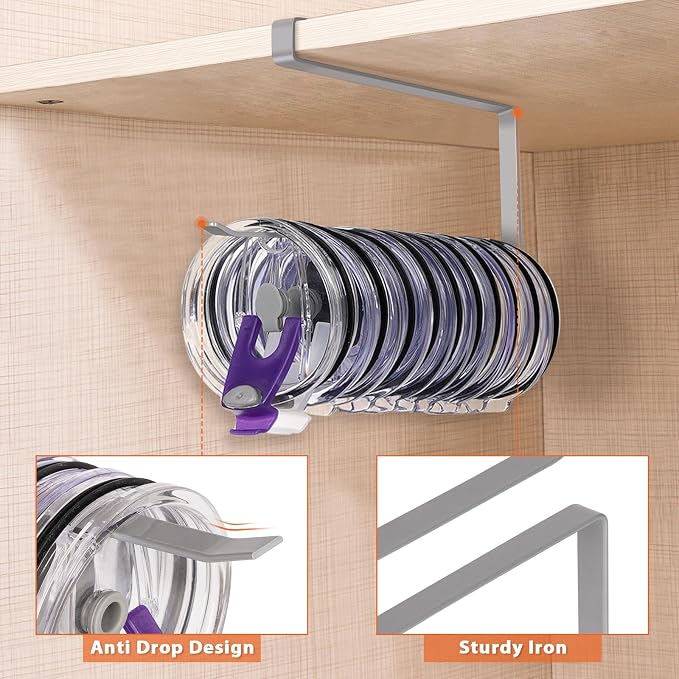 Tumbler Lid Organizer, Horizontal Tumbler Lid Storage Hook Up to 10 Lids, Space Saving Cup Lid Holders Under Cabinet Tumbler Lid Hook for Kitchen Organizer and Storage, Paper Towel Rack Hanger (Gray)