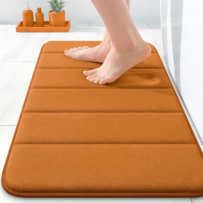 OLANLY Memory Foam Bath Mat 35x16, Super Soft Absorbent Bathroom Rugs, Quick Dry, Machine Washable Shower Floor Rugs, Bathmat Carpet, Bathroom Home Decor Accessories, Ochre