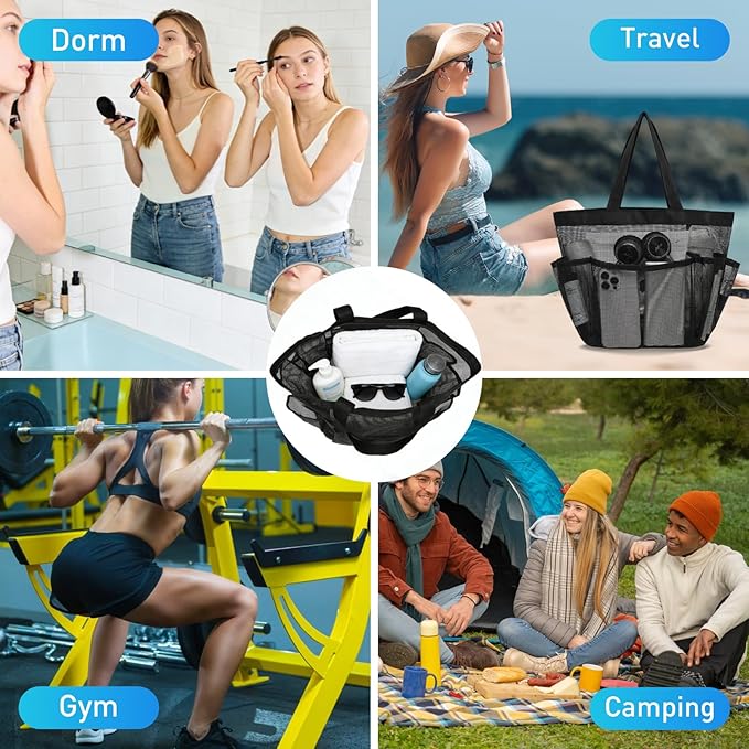 Mesh Shower Caddy Portable, Shower Tote Bag for Dorm Room Essentials, 8 Pockets Large Shower Basket for College Gym Beach Camping (1, Black)