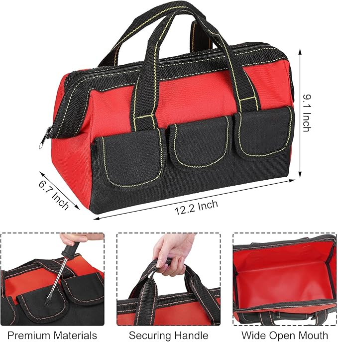 Sanwuta 3 Pack Tool Bag for Men with Waterproof Hard Bottom, Heavy Duty Tool Bag Wide Mouth Tote for Various Instrument, Electrician Carpenter Mechanic(Red,13 Inch,Classic)