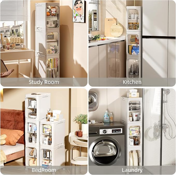 JOYZAN Narrow Bathroom Storage Cabinet with Movable Wheels, Slim Storage Cabinet with 3 Doors & Removable Panel, Skinny Bathroom Organizers and Storage for Small Space, Corner, Kitchen, Laundry