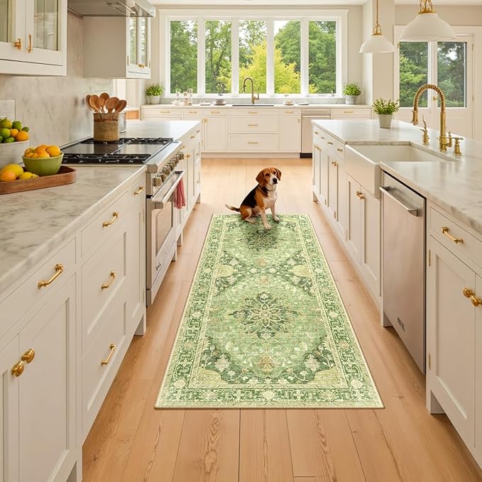 RELEANY Area Rugs Runner 2'x6' Washable Non-Slip, Floral Vintage Distress Medallion Carpet for Kitchen Hallway Bedroom Beside Laundry Room Bathroom, Sage Green Yellow