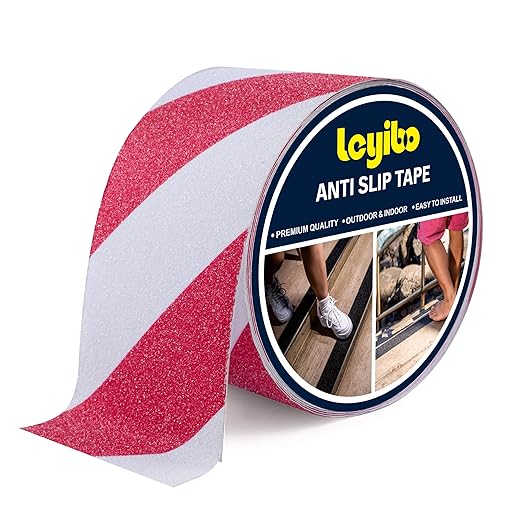 Anti Slip Tape, 4 Inch x 42 Ft Grip Tape for Stairs Outdoor/Indoor, Waterproof Non Skid Roll for Stair Treads Non Slip, High Traction Friction Abrasive Adhesive Stair Steps, Caution Red/White
