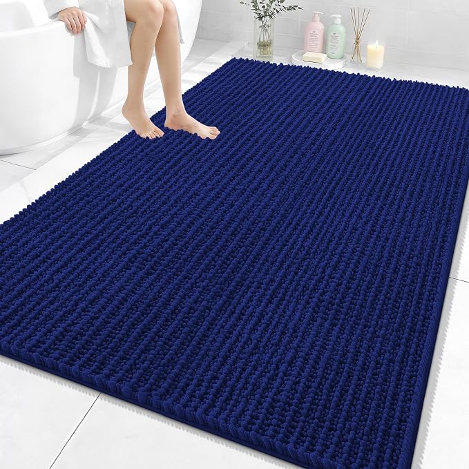 OLANLY Bathroom Rug Mat 70x46, Thick Soft and Absorbent Chenille Bath Mat, Non-Slip Rubber Backing, Machine Washable Quick Dry Bath Rugs for Tub Shower Floor, Home Decor Accessories, Navy Blue