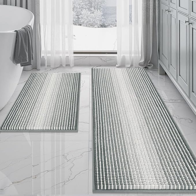 BSICPRO Bathroom Rugs and Mats Sets, 2 Piece Thick Absorbent Chenille Bath Mat Rug Set Non Slip, Soft Shaggy Bath Room Floor Mats for Bathroom, Machine Washable (Light Gray, 20" x 60" Plus 20" x 32")