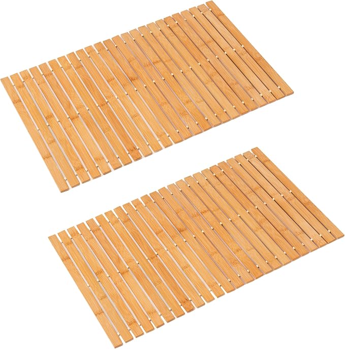 Bath Mat Bathroom Rugs Floor Wood Shower Bathtub Waterproof Non Slip Natural Accessories 16x24 Inch Easy to Clean, 2 pcs