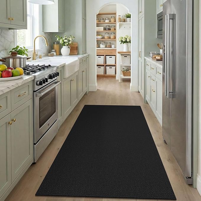 KOZYFLY Black Washable 4x5 Entry Woven Area Rug, Braided Throw Rugs for Entryway, Non Slip Door Mat Indoor Entrance, Flatweave Carpet for Foyer, Bedroom, Dining, Office, Black/Dark Grey