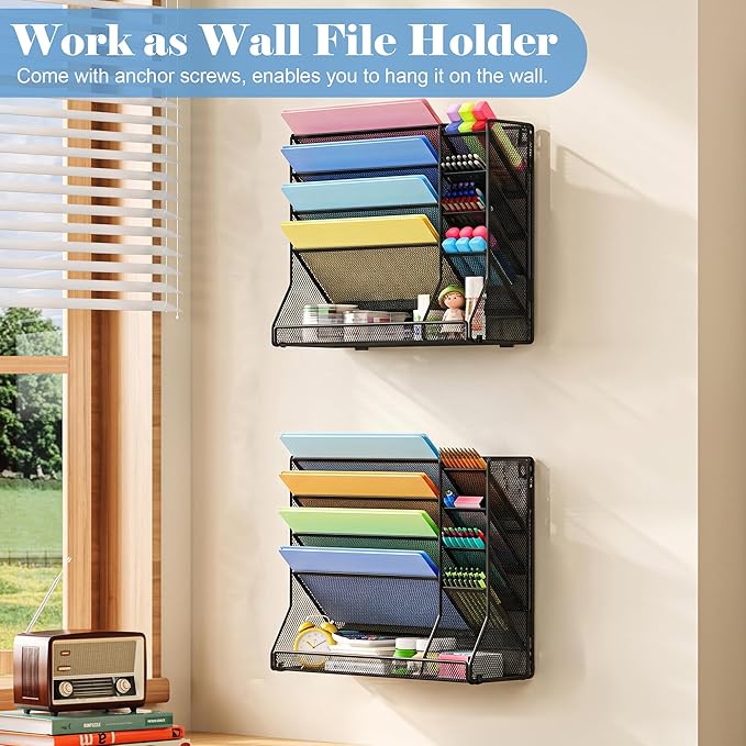 Jakyitvi File Organizer Wall Mounted, 4 Tiers Durable Adjustable Metal Desk Organizer, Desktop Hanging File Holder with 4 Pen Slots Stable, 4 Pull-Out Divider for File, Mail, Black, Patent Pending