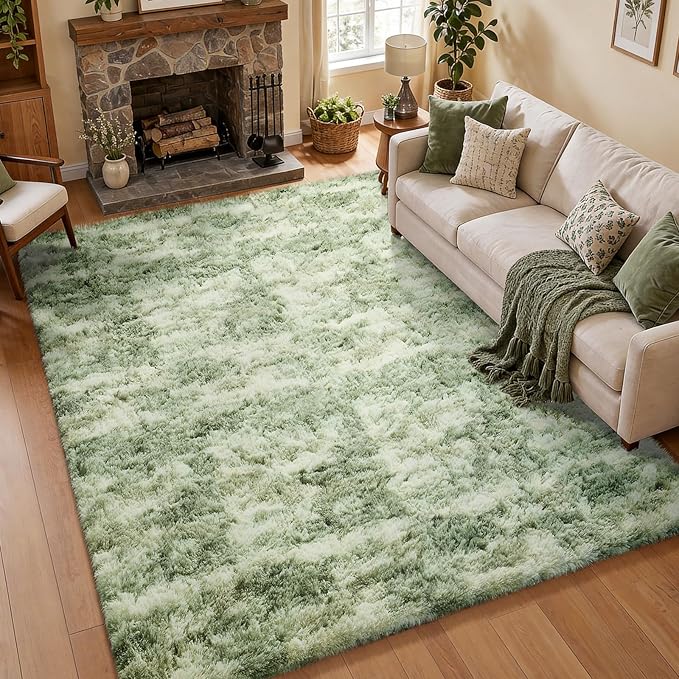 Ophanie 6x9 Green and White Area Rugs for Living Room, Large Sage Green Fluffy Shag Fuzzy Plush Soft Carpets, Floor Shaggy Rugs for Bedroom, Carpet for Kids Girls Dorm Nursery Home Decor Aesthetic