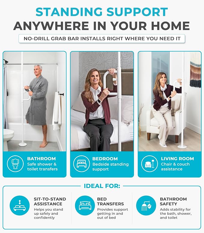Stander Wonder Pole, Security-Pole and Curve Grab Bar, Tension Mounted Floor to Ceiling Transfer-Pole for Seniors, Elderly Adults, Bathroom Safety Assist and Stability Rail, White