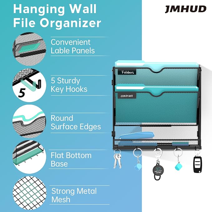 Wall File Organizer - Hanging File Organizer with 5 Hooks, Mail Holder Wall Mounted for Papers, Folders, Magazines, Bills, 3 Tier Office&School Organization, Black