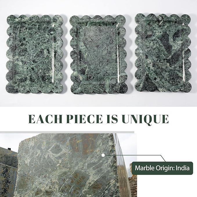Koville Scalloped Marble Tray, 11"x8" Marble Vanity Tray for Countertop Bathroom Kitchen Dresser, Natural Stone Tray for Jewelry Perfume Home Decor, Decorative Catchall Trays(Green)