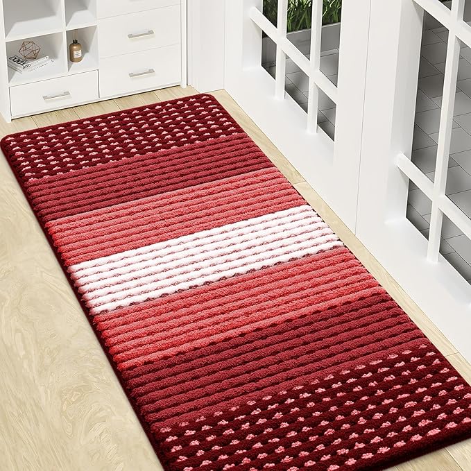 Kitinjoy Indoor Outdoor Door Mat, 47x20 Non-Slip Absorbent Dirt Trapper, Low-Profile Washable Inside Entrance Front Floor Mat, Sturdy Soft Entry Dotted Ombre Doormats for Entryway, Burgundy