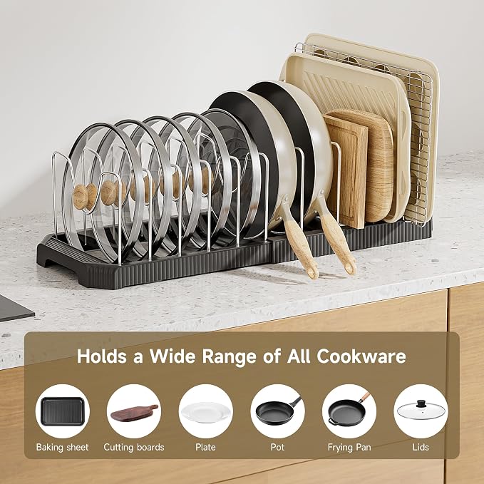 MUDEELA Pot Lid Organizer Rack for Cabinet, Expandable Pots and Pans Organizer under Cabinet with 12 Adjustable Dividers, Pan Organizers Holder inside Cabinet for Cutting Boards, Baking Sheets, Black