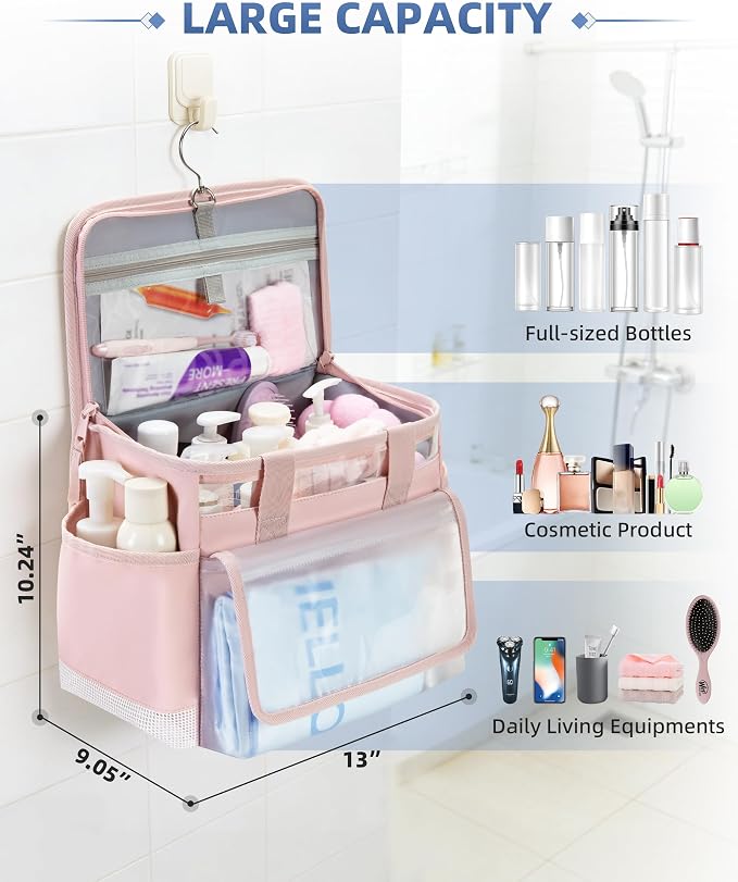 Marscamd Hanging Shower Caddy Organizer Bag for Travel with Hanging Hook, Quick Dry Mesh Bathroom Caddy Toiletry Bag with Handle for College, Dorm, Gym, Camping, Pink