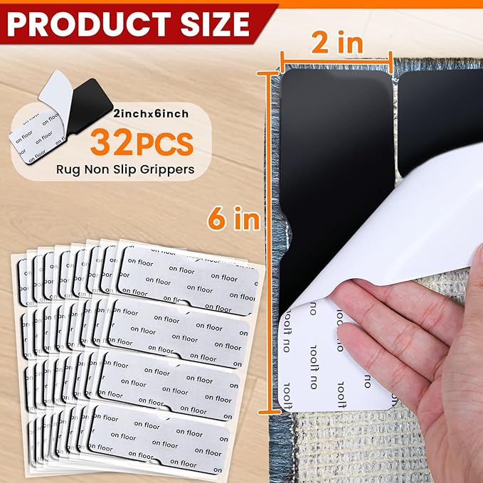 Rug Non Slip Grippers, Reusable Rug Tape Pads for Hardwood Floors, Laminate Floor, Tiles, No Residue on Flooring, Strong Adhesive Carpet Tape for Area Rugs, Keep Corners Flat (32)