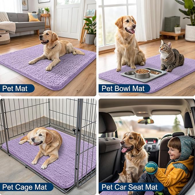 Smiry Dog Door Mat for Muddy Paws 30x20, Absorbent Dirt Trapper, Non-Slip Washable Chenille Entryway Rug for Inside Floor, Lavender, Classic Solid