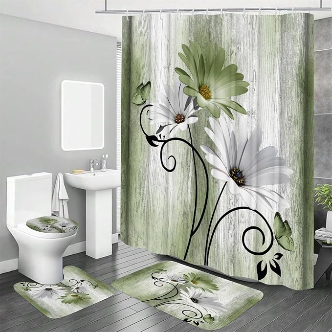Onalasyc 4PCS Grass Green Daisy Flowers Butterfly Shower Curtain Set with Shower Curtain and Carpet and Accessories, Waterproof Bathroom Shower Curtain Decorative Set with 12 pcs Hooks,71 x 71in