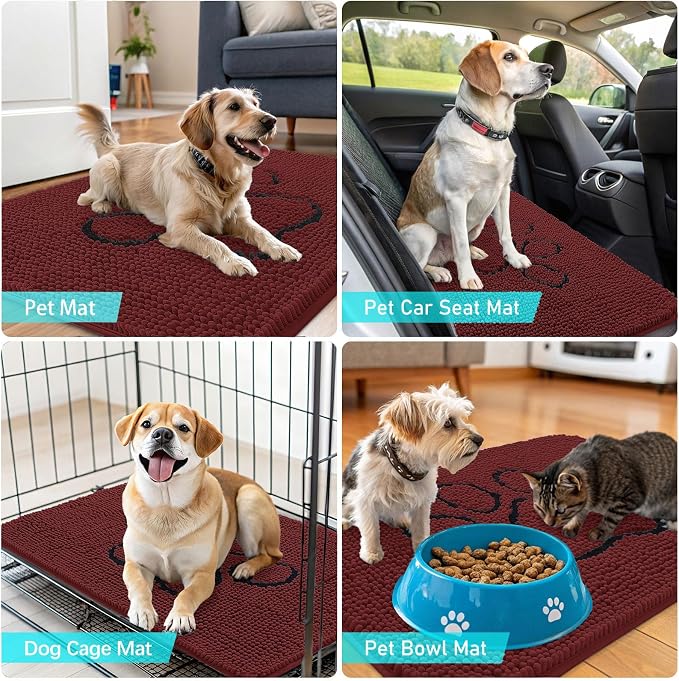 OLANLY Dog Door Mat for Muddy Paws 30x20, Paw Print Design, Absorbs Moisture and Dirt, Absorbent Non-Slip Washable Doormat, Quick Dry Chenille Mud Mat, Entry Indoor Entryway Carpet, Caramel Russet