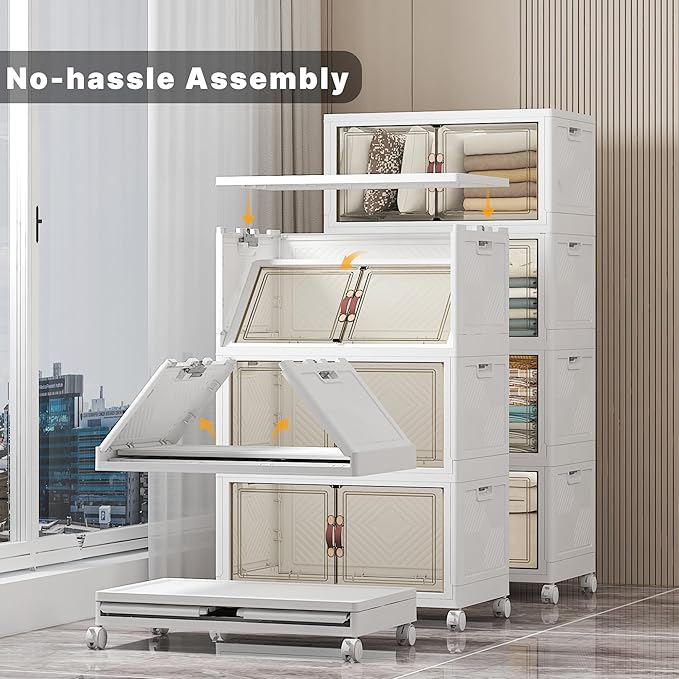 UAMFURI Stackable Storage Bins with Lids & Wheels & Door, Foldable Collapsible Closet Organizers, Extra Large Plastic Storage Drawers for Bedroom Dorm Office Garage (White-112qt, 4Pack with 1 top lid)