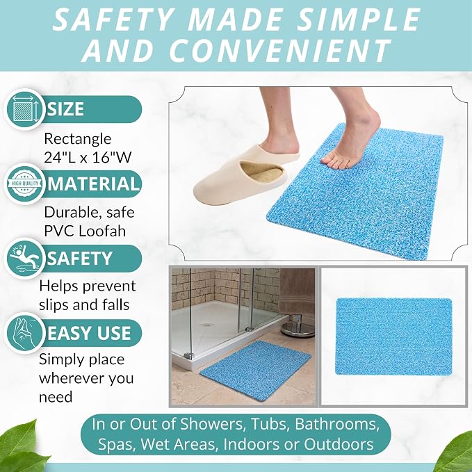 ENKOSI Loofah Non-Slip Shower and Bath Mat - Soft Cushioned Comfort - No Suction Cups for Smooth or Textured Tubs - Fast Draining - Safety for Bathroom, Family, Kids, and Elderly (24x16 Aqua Blue)