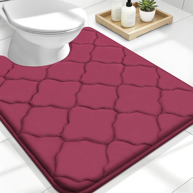 OLANLY Memory Foam Toilet Rugs U-Shaped 24x20, Ultra Soft and Absorbent Bathroom Rugs, Non-Slip, Comfortable, Machine Washable Contour Bath Mat for Toilet Base, Home Decor Accessories, Burgundy