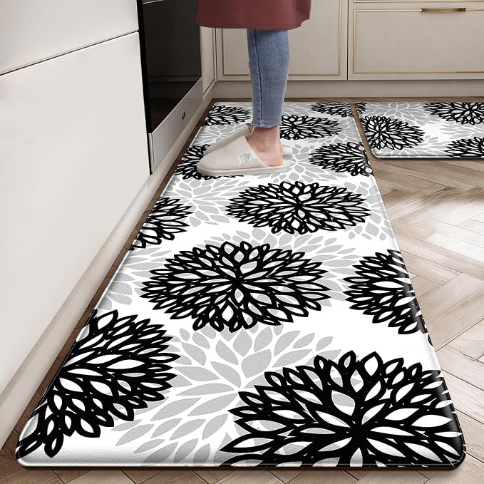 Cushioned Anti-Fatigue Kitchen Mats for Floor – Non-Slip Waterproof Memory Foam Runner, Extra Wide & Long, Comfortable Standing Mat for Kitchen, Sink, Office, Laundry, Black Gray